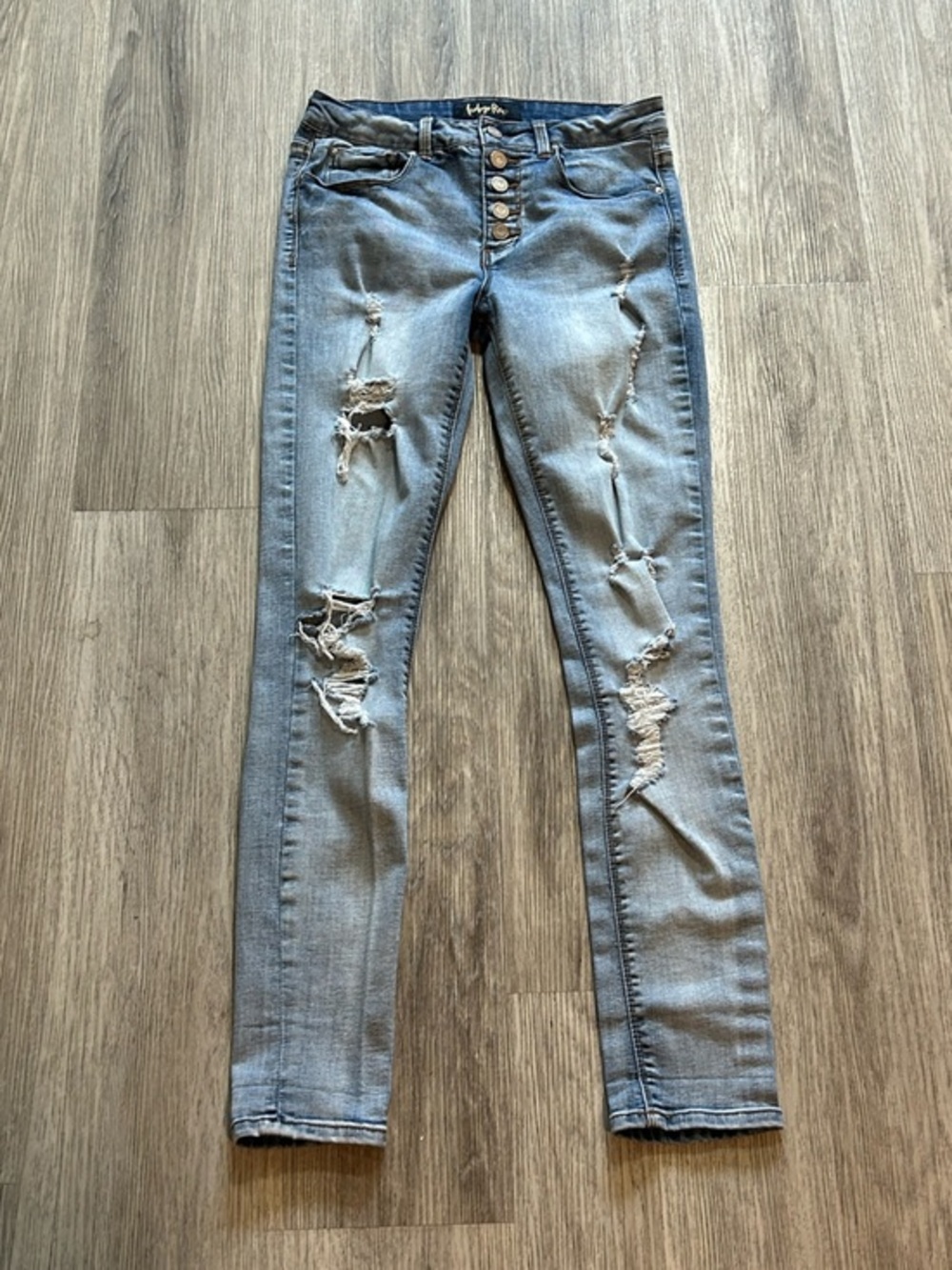 Indigo Rein Light Blue Distressed Skinny Jeans with Button Fly
